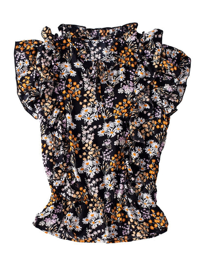 Elegant Black Floral Ruffle V Neck Blouse with Drawstring