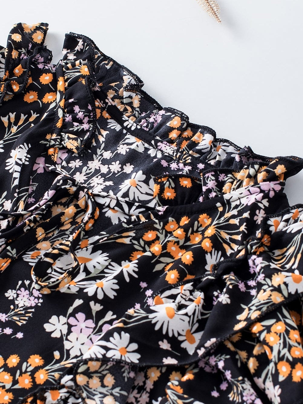 Elegant Black Floral Ruffle V Neck Blouse with Drawstring