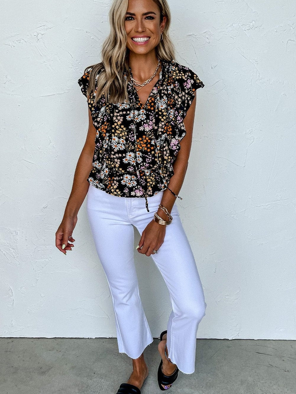 Elegant Black Floral Ruffle V Neck Blouse with Drawstring