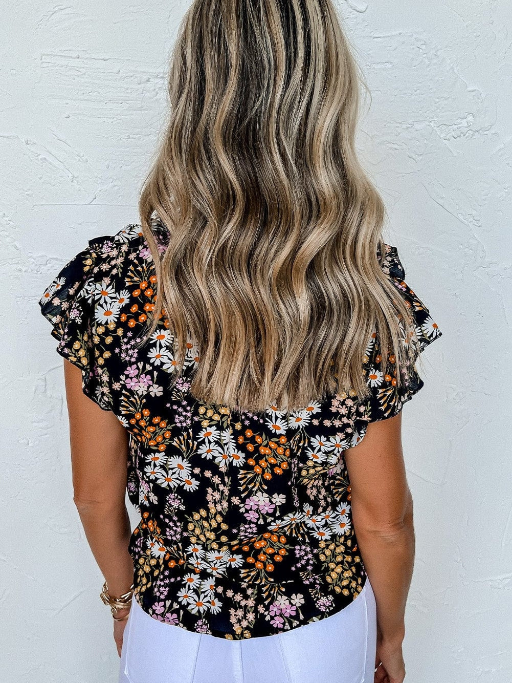 Elegant Black Floral Ruffle V Neck Blouse with Drawstring