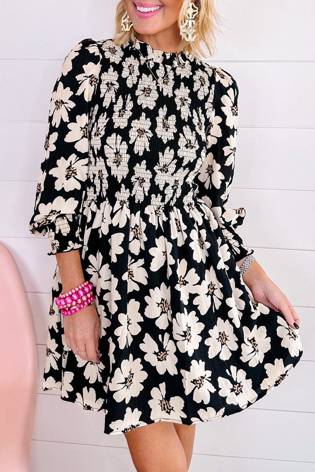 Elegant Black Floral Smocked Mini Dress with Puff Sleeves