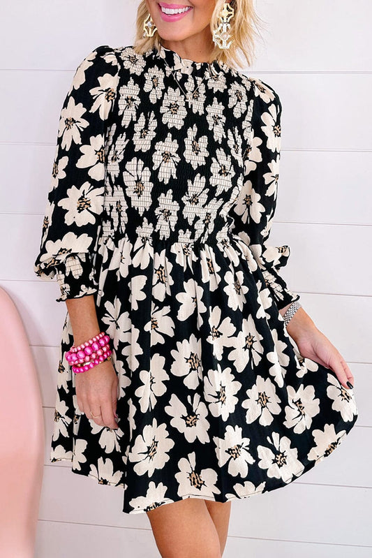 Elegant Black Floral Smocked Mini Dress with Puff Sleeves