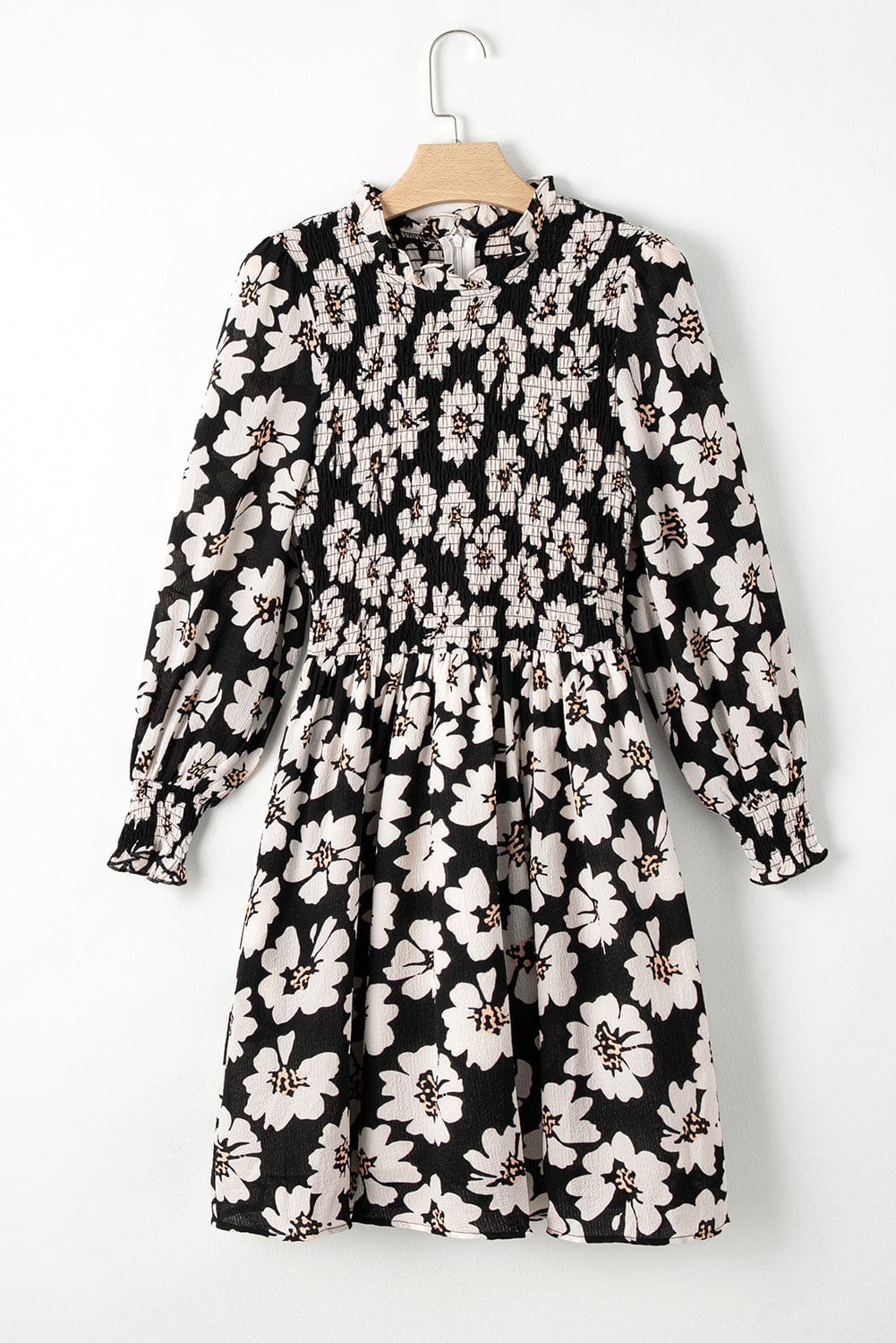 Elegant Black Floral Smocked Mini Dress with Puff Sleeves