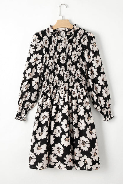 Elegant Black Floral Smocked Mini Dress with Puff Sleeves