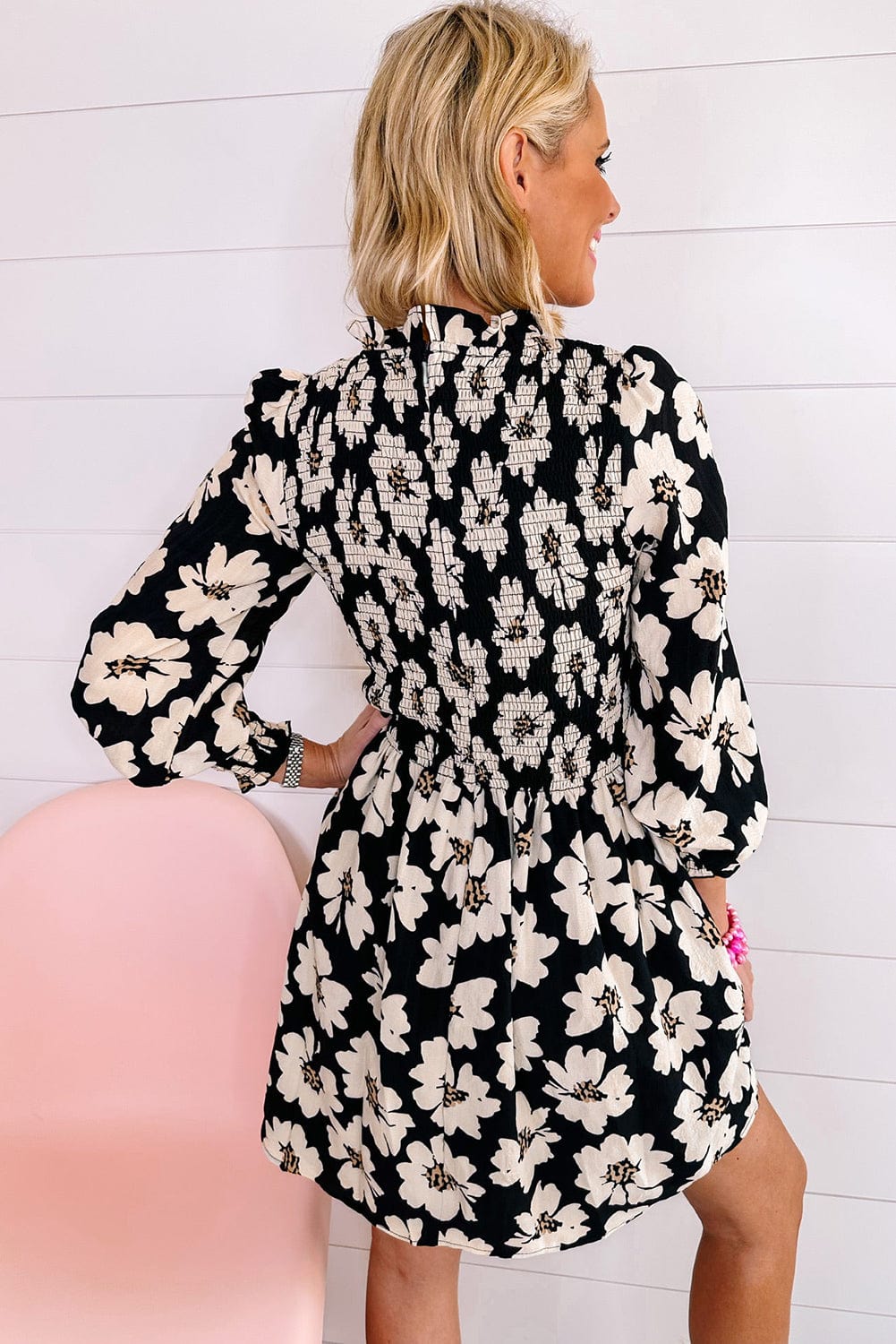 Elegant Black Floral Smocked Mini Dress with Puff Sleeves