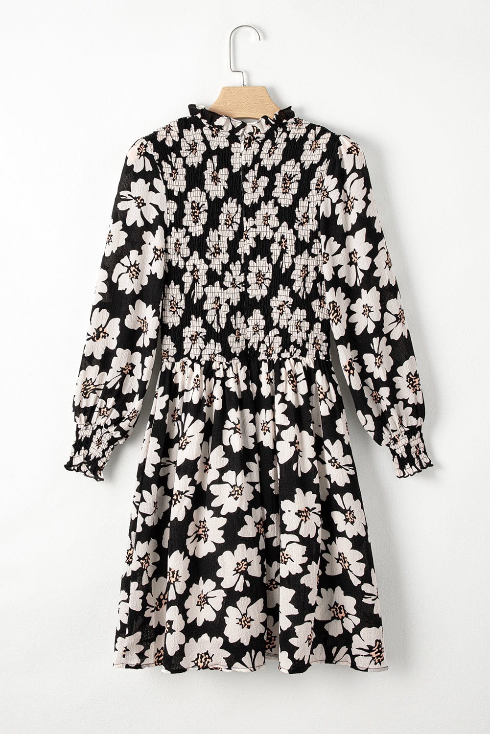 Elegant Black Floral Smocked Mini Dress with Puff Sleeves