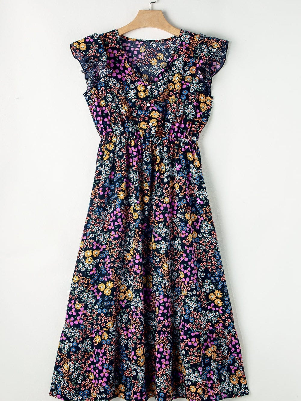 Elegant Black Floral V-Neck Midi Dress with Ruffle Sleeves