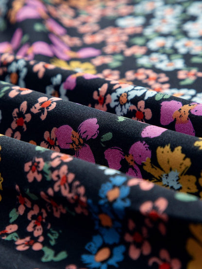 Elegant Black Floral V-Neck Midi Dress with Ruffle Sleeves