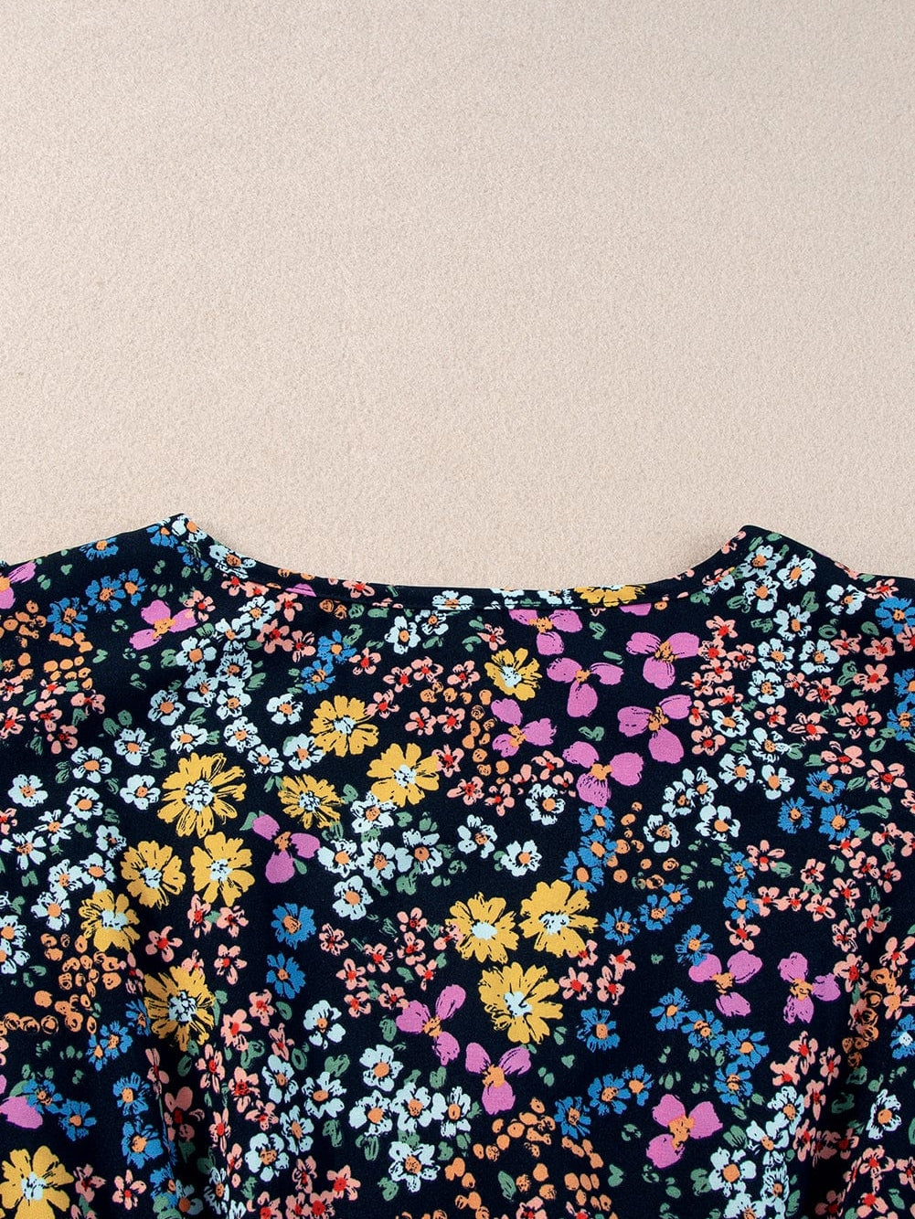 Elegant Black Floral V-Neck Midi Dress with Ruffle Sleeves