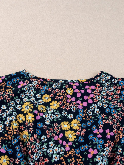 Elegant Black Floral V-Neck Midi Dress with Ruffle Sleeves