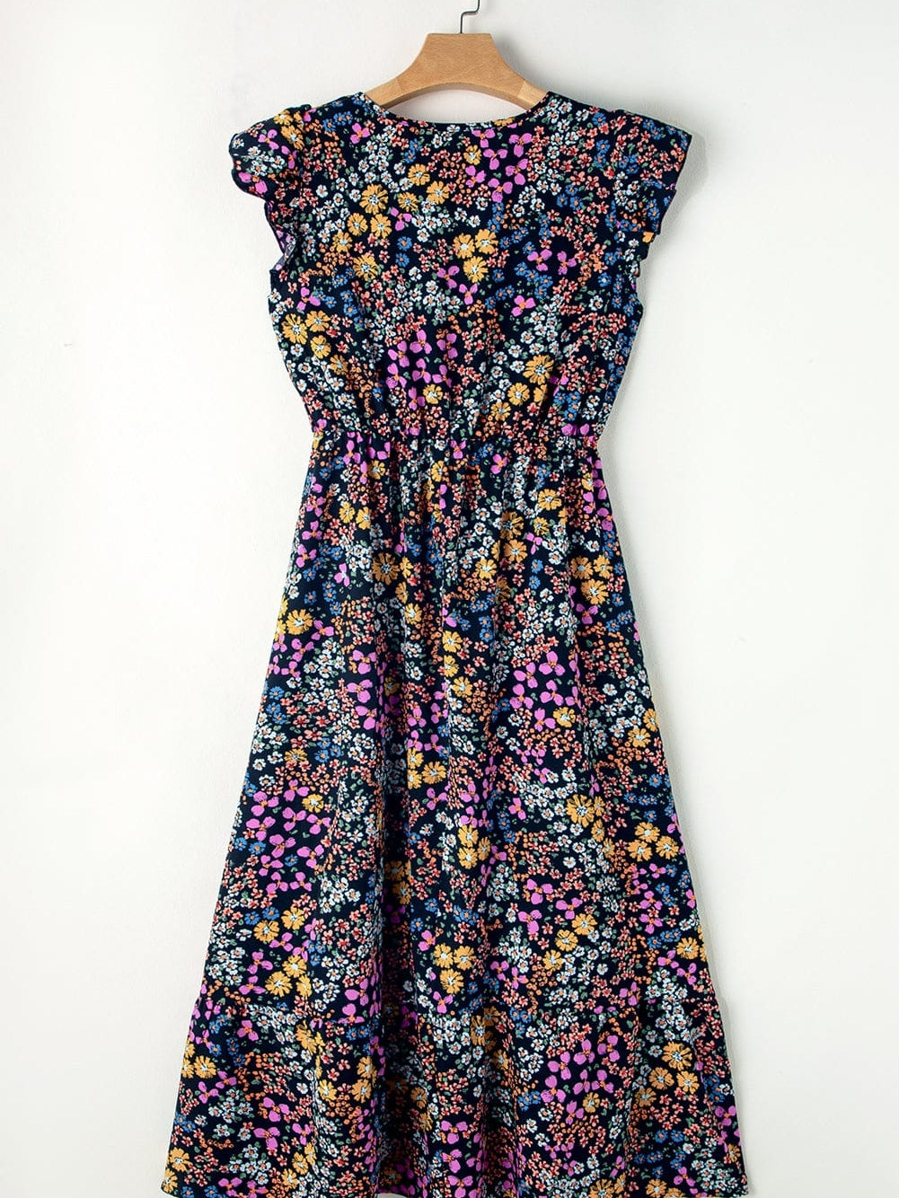 Elegant Black Floral V-Neck Midi Dress with Ruffle Sleeves