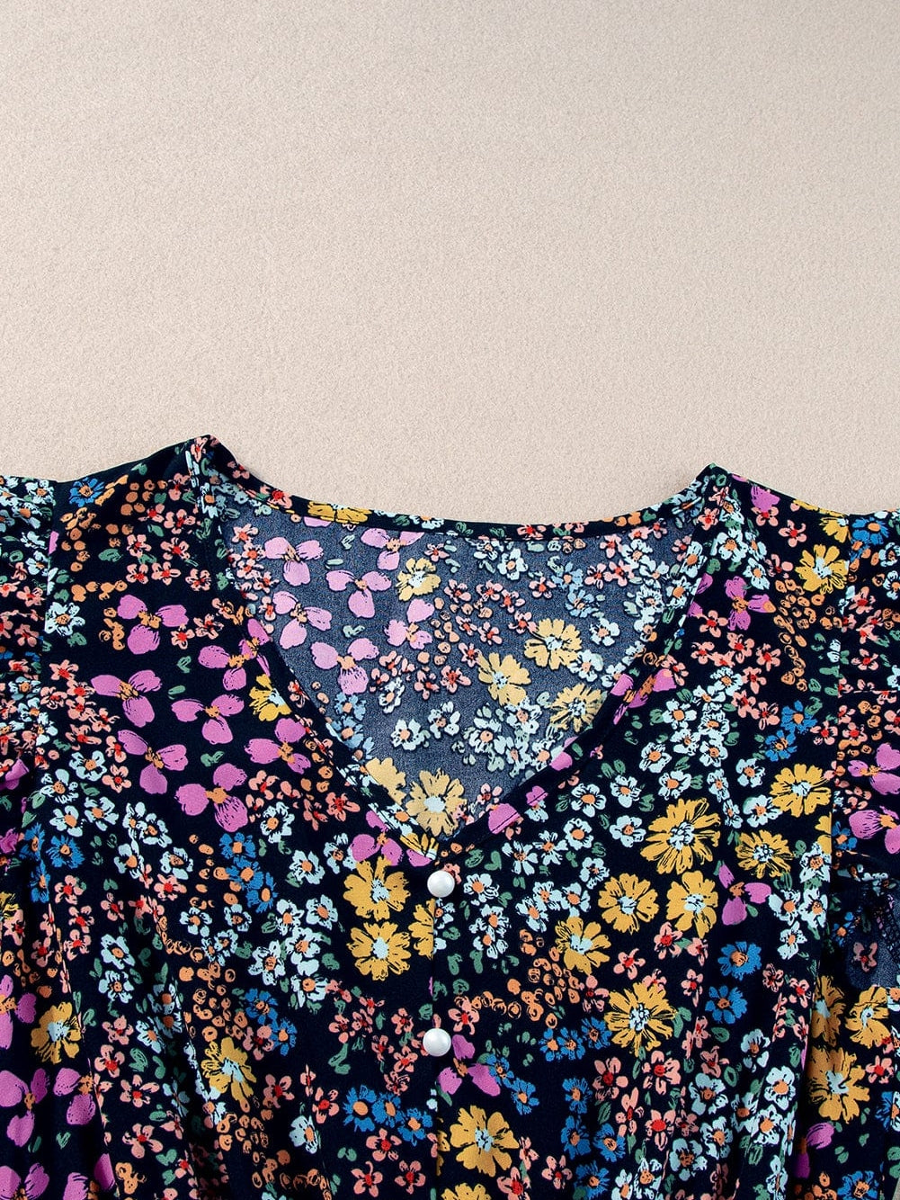 Elegant Black Floral V-Neck Midi Dress with Ruffle Sleeves