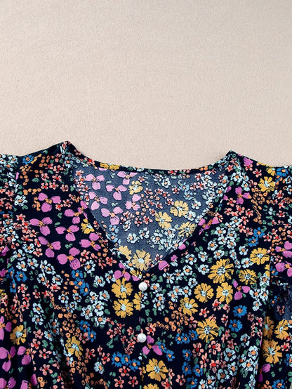 Elegant Black Floral V-Neck Midi Dress with Ruffle Sleeves