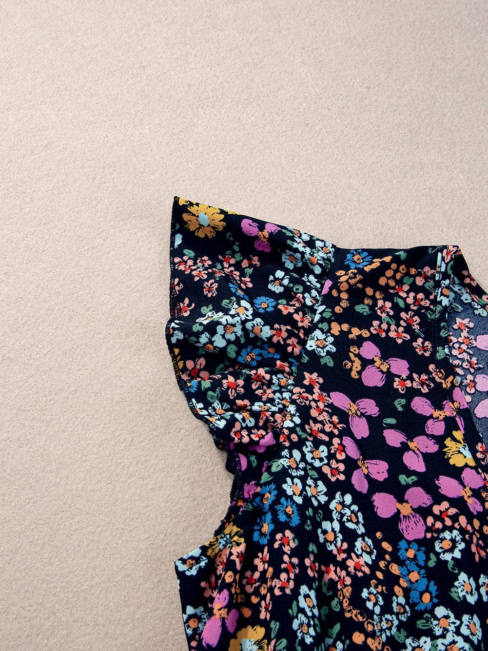 Elegant Black Floral V-Neck Midi Dress with Ruffle Sleeves