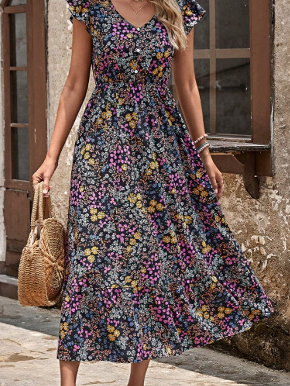 Elegant Black Floral V-Neck Midi Dress with Ruffle Sleeves