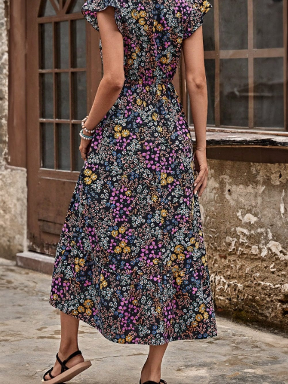 Elegant Black Floral V-Neck Midi Dress with Ruffle Sleeves