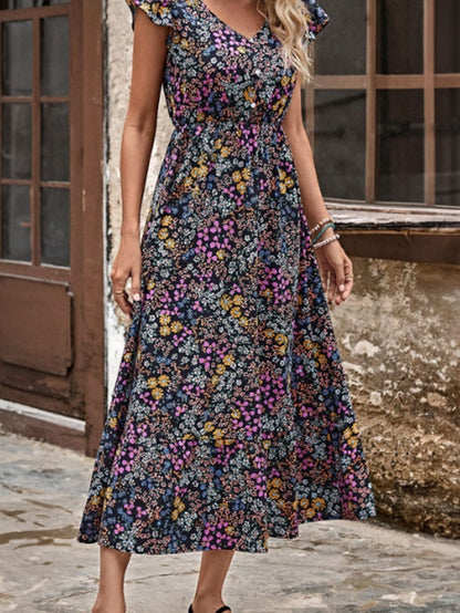Elegant Black Floral V-Neck Midi Dress with Ruffle Sleeves