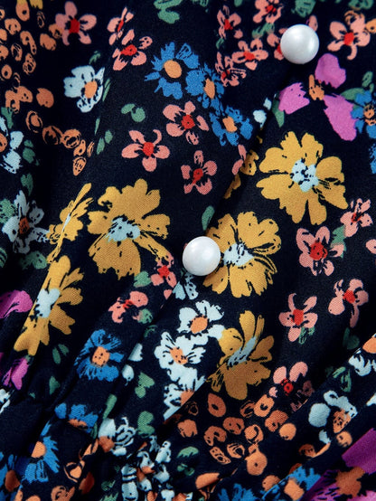 Elegant Black Floral V-Neck Midi Dress with Ruffle Sleeves