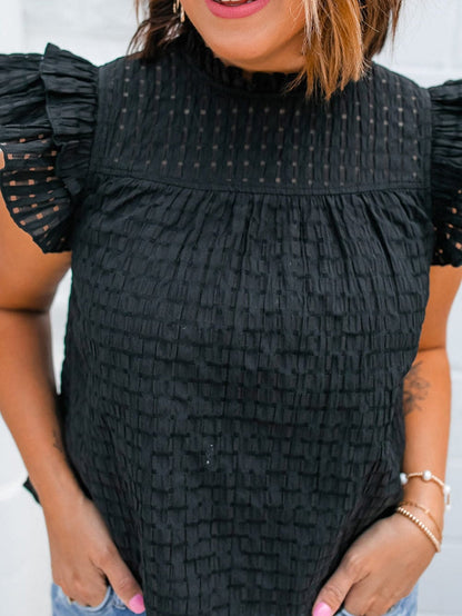 Elegant Black Frilled Texture Flutter Sleeve Top