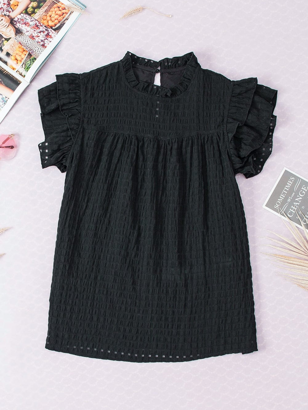 Elegant Black Frilled Texture Flutter Sleeve Top