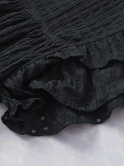 Elegant Black Frilled Texture Flutter Sleeve Top