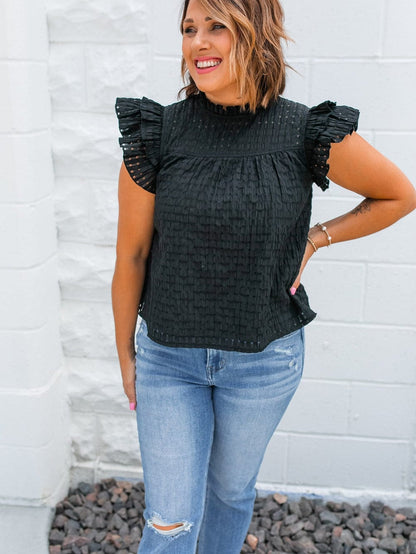 Elegant Black Frilled Texture Flutter Sleeve Top