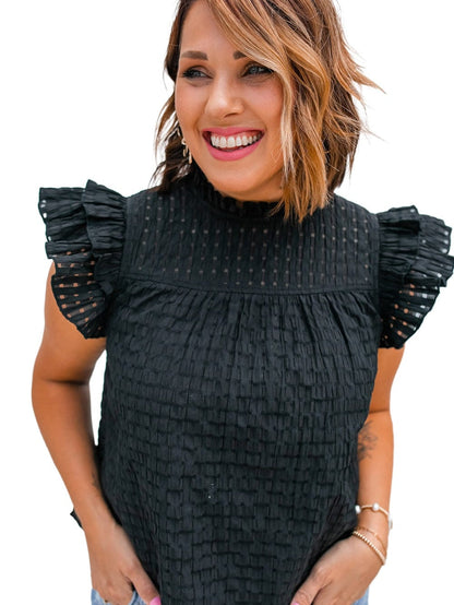 Elegant Black Frilled Texture Flutter Sleeve Top