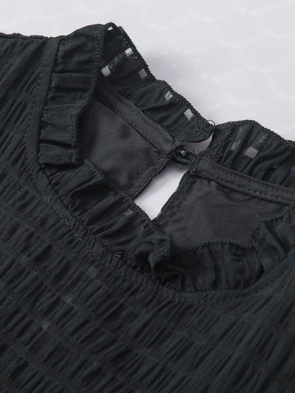 Elegant Black Frilled Texture Flutter Sleeve Top