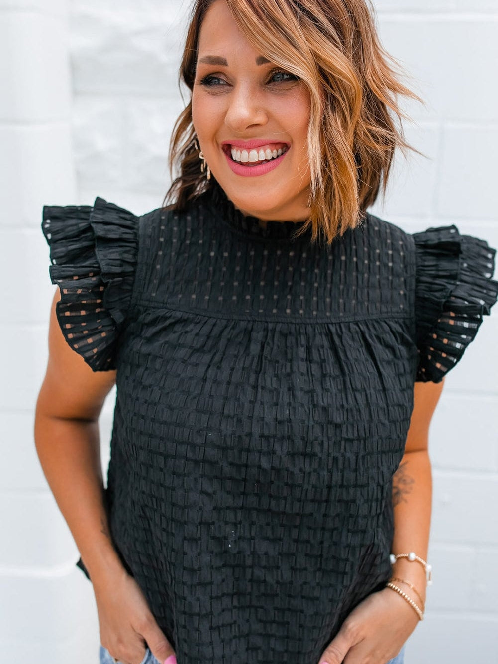 Elegant Black Frilled Texture Flutter Sleeve Top