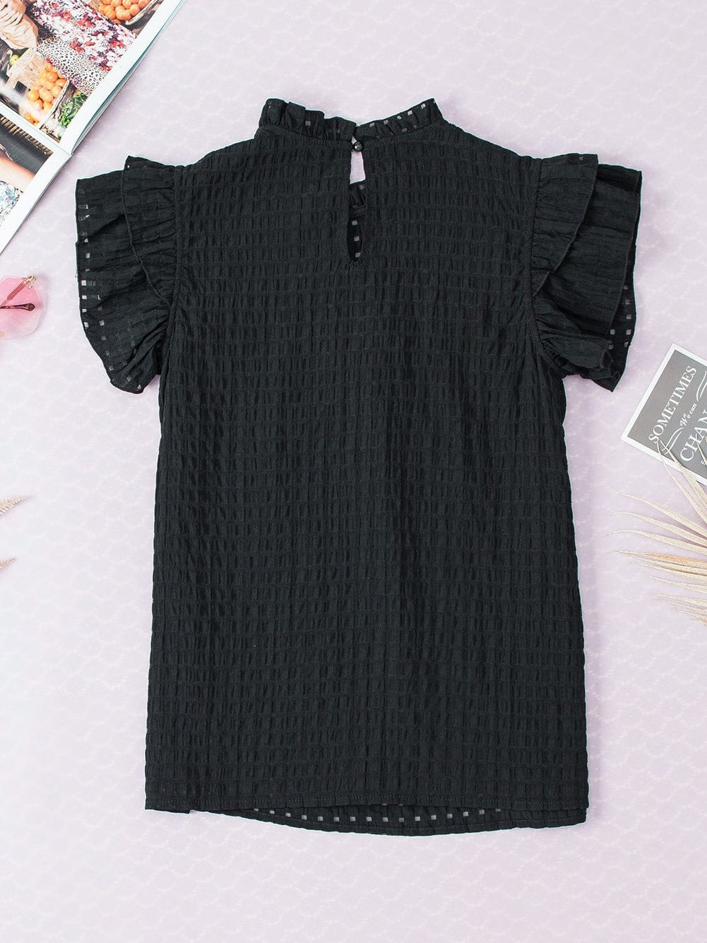 Elegant Black Frilled Texture Flutter Sleeve Top