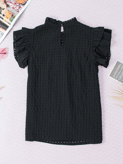 Elegant Black Frilled Texture Flutter Sleeve Top