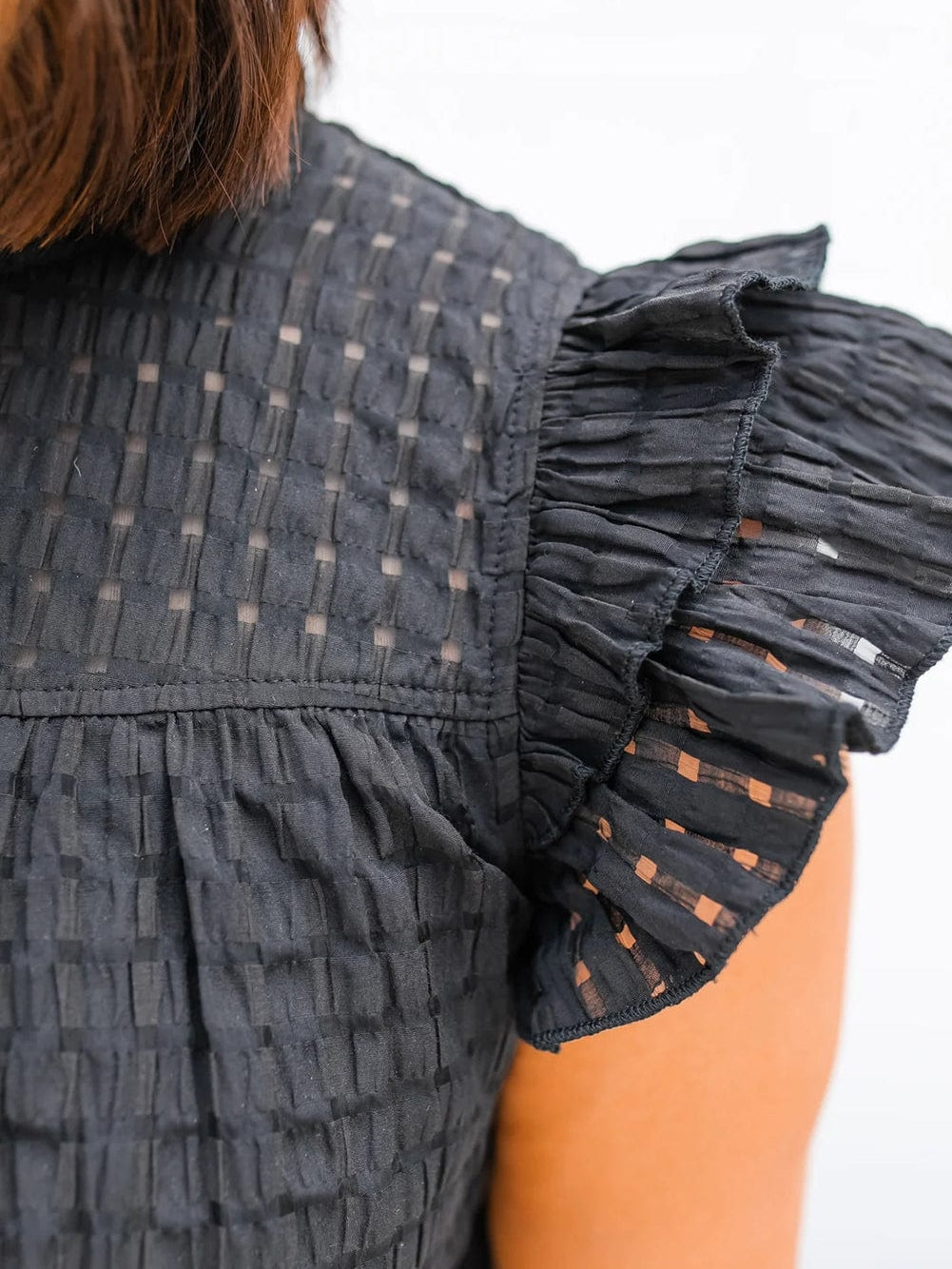 Elegant Black Frilled Texture Flutter Sleeve Top