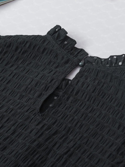 Elegant Black Frilled Texture Flutter Sleeve Top