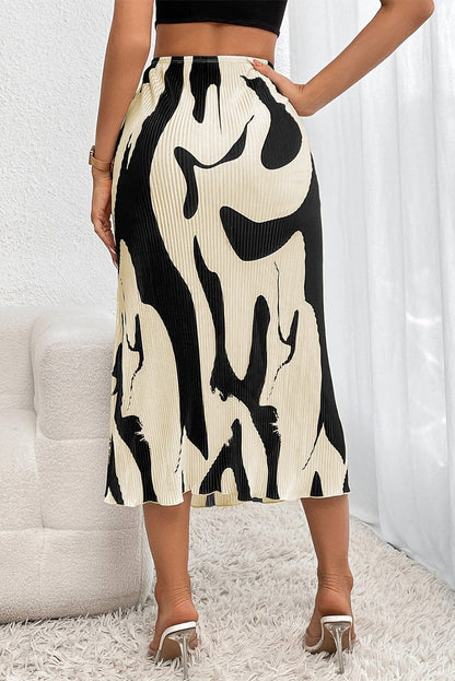 Elegant Black Geometric Print Midi Skirt with Colorblock Pleats