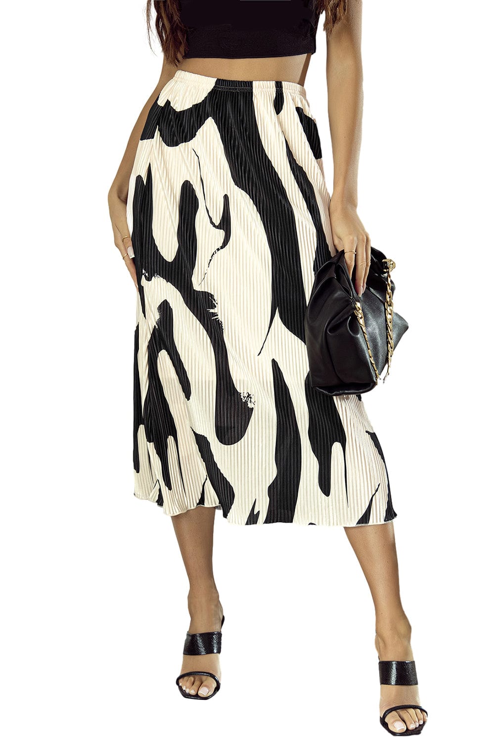 Elegant Black Geometric Print Midi Skirt with Colorblock Pleats