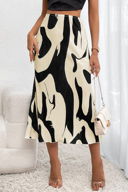Elegant Black Geometric Print Midi Skirt with Colorblock Pleats