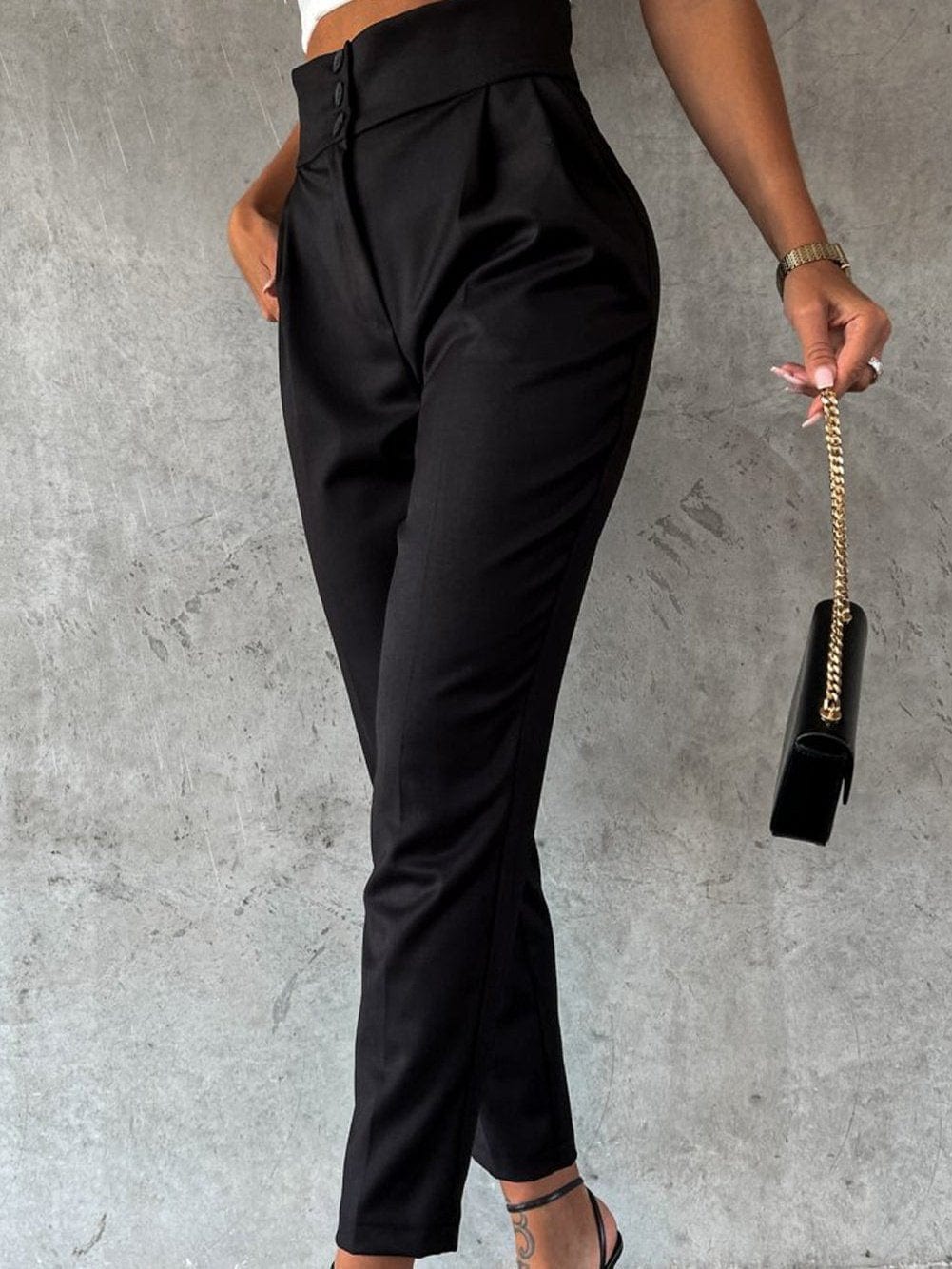 Elegant Black High Waist Tapered Button Pants