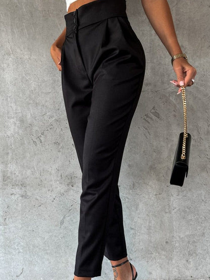 Elegant Black High Waist Tapered Button Pants