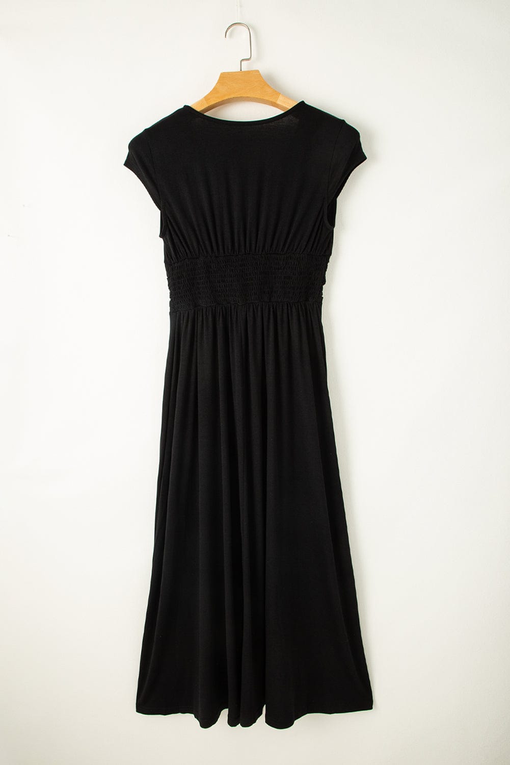 Elegant Black High Waist V Neck Maxi Dress with Shirred Details