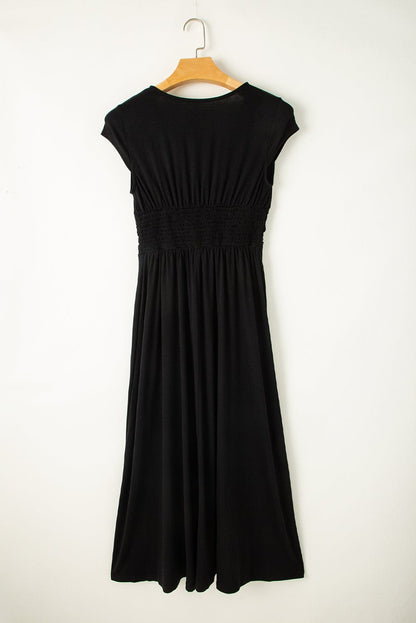 Elegant Black High Waist V Neck Maxi Dress with Shirred Details