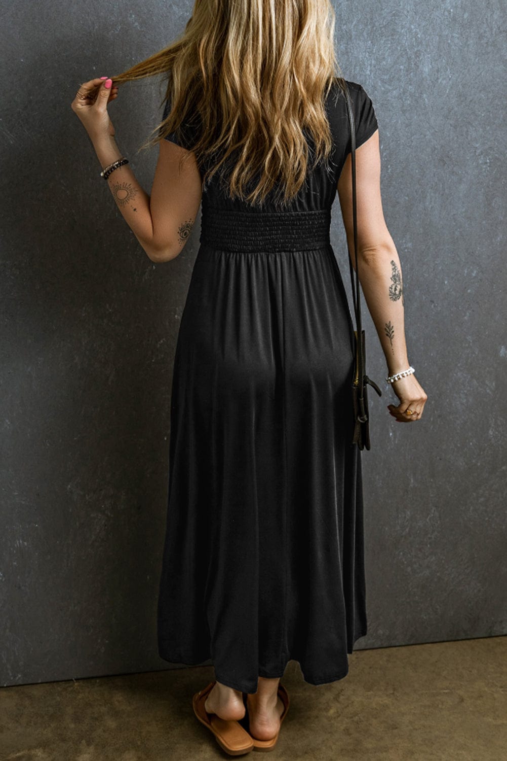 Elegant Black High Waist V Neck Maxi Dress with Shirred Details