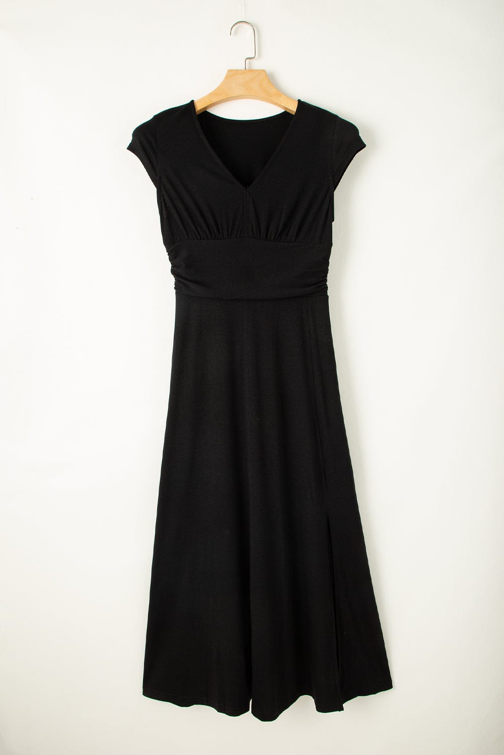 Elegant Black High Waist V Neck Maxi Dress with Shirred Details