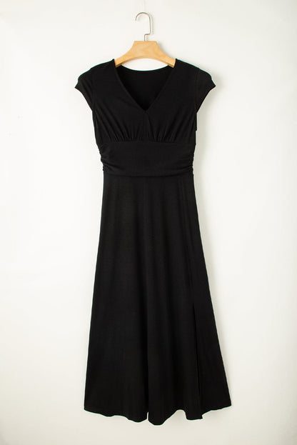 Elegant Black High Waist V Neck Maxi Dress with Shirred Details
