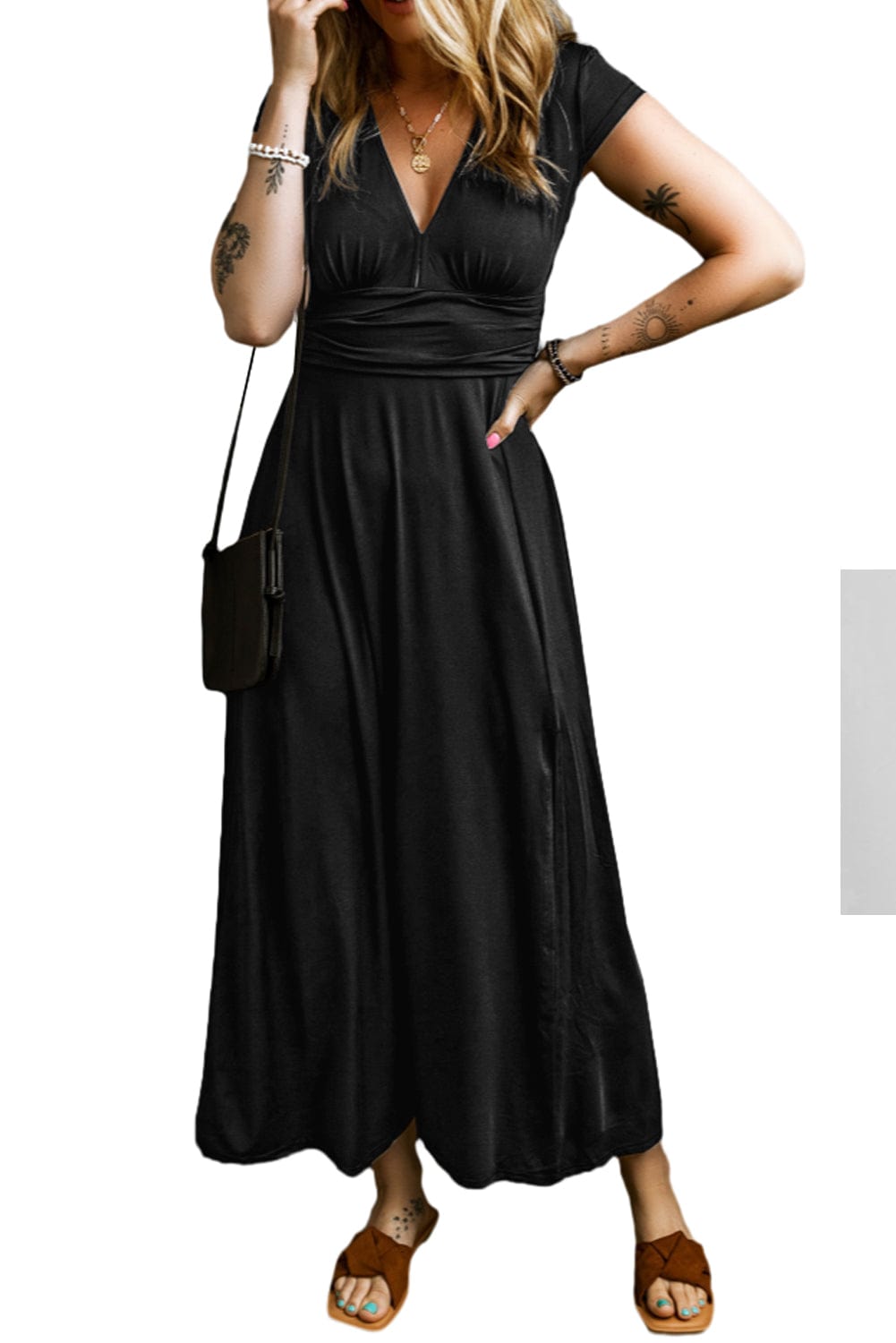 Elegant Black High Waist V Neck Maxi Dress with Shirred Details