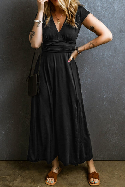Elegant Black High Waist V Neck Maxi Dress with Shirred Details