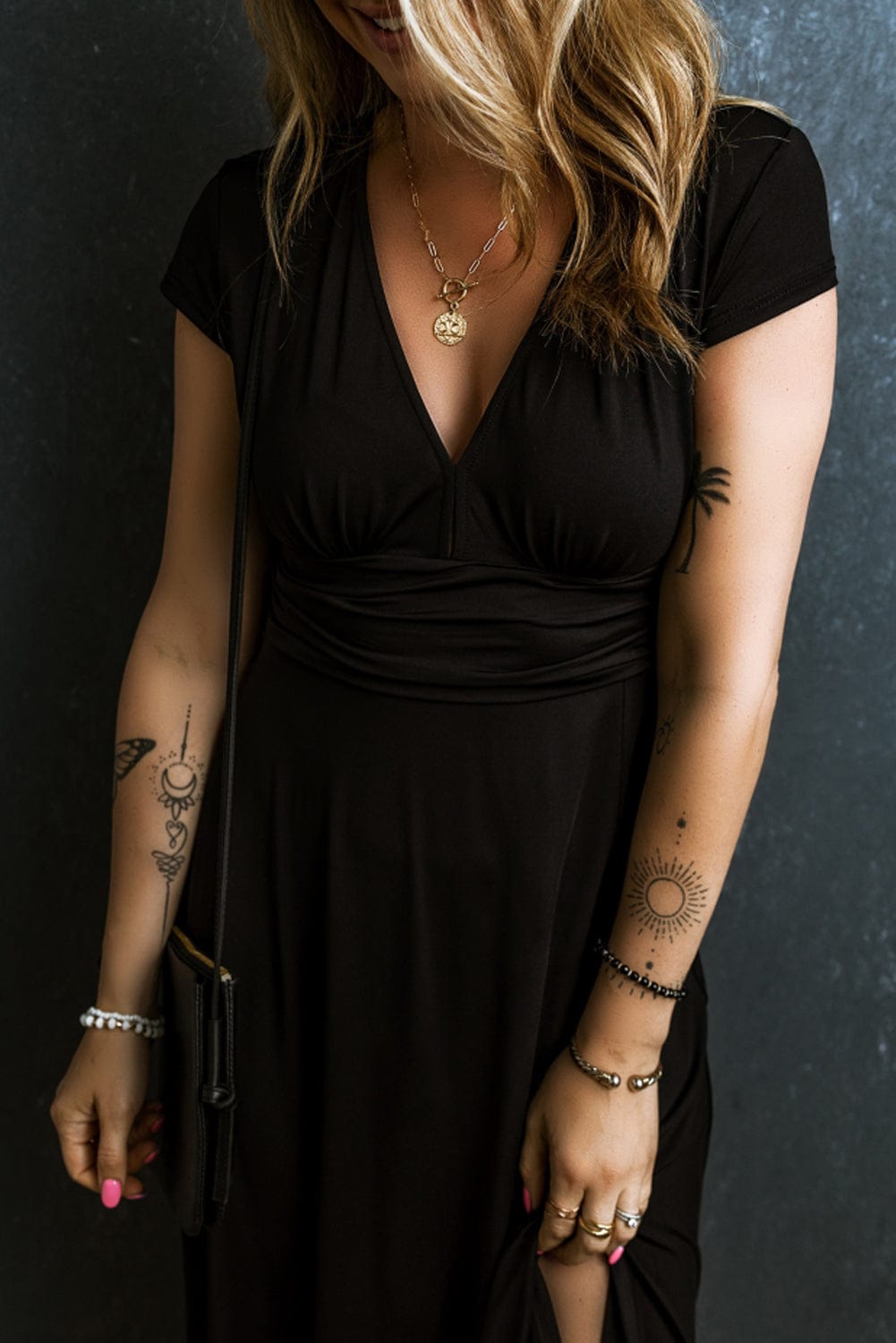 Elegant Black High Waist V Neck Maxi Dress with Shirred Details