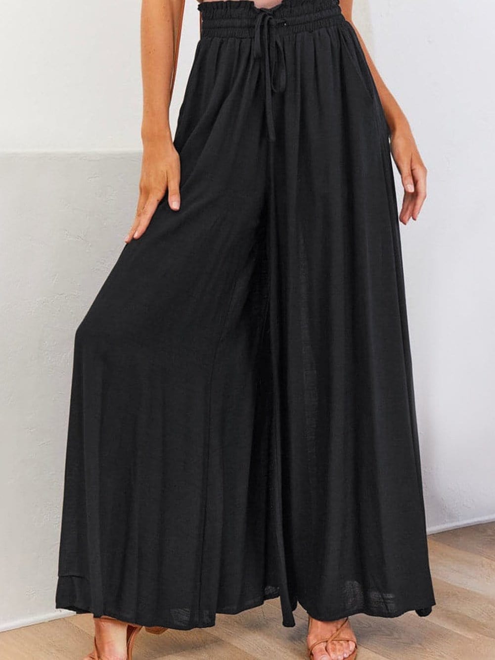Elegant Black High Waist Wide Leg Pants with Drawstring Detail