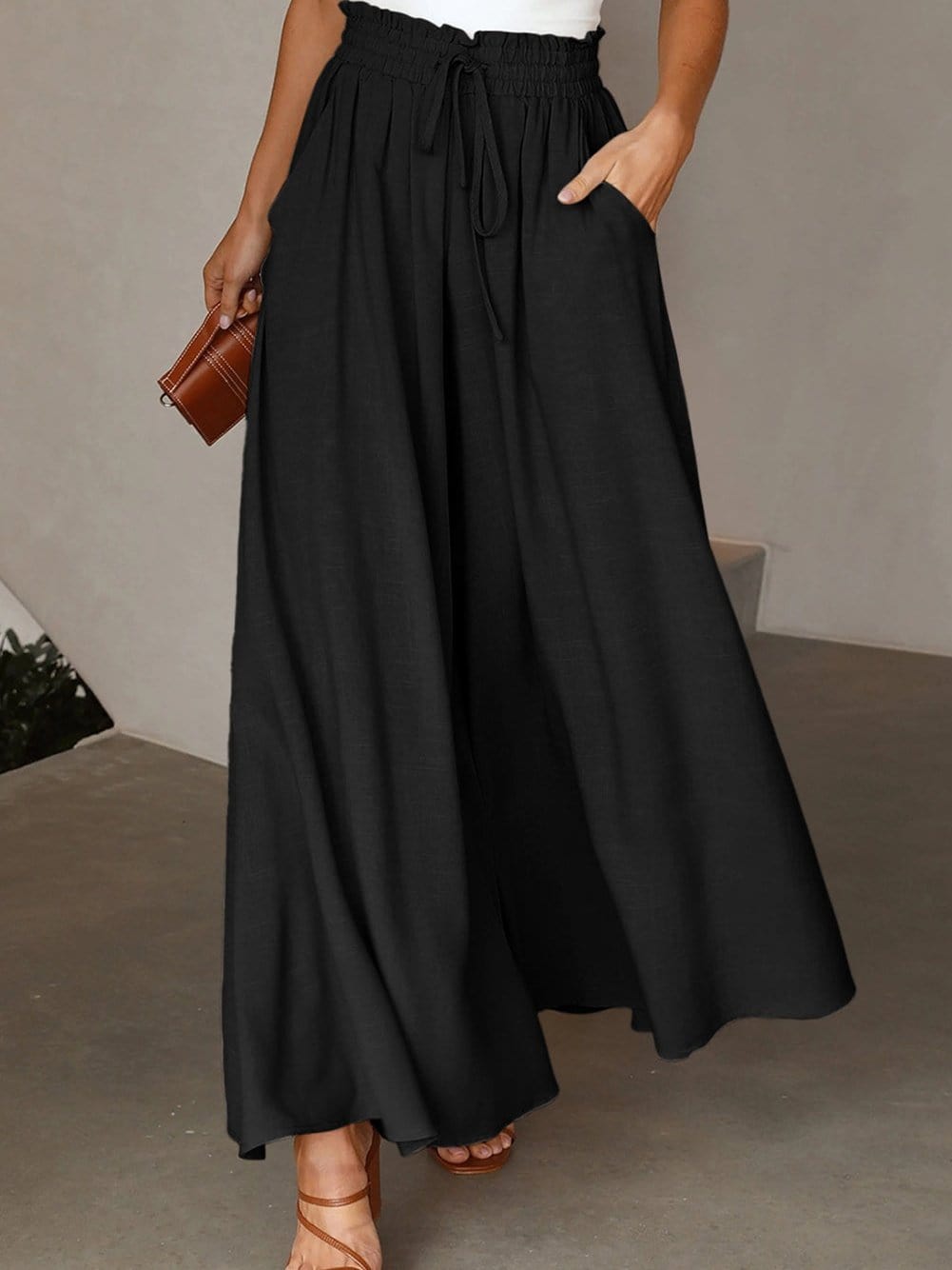 Elegant Black High Waist Wide Leg Pants with Drawstring Detail
