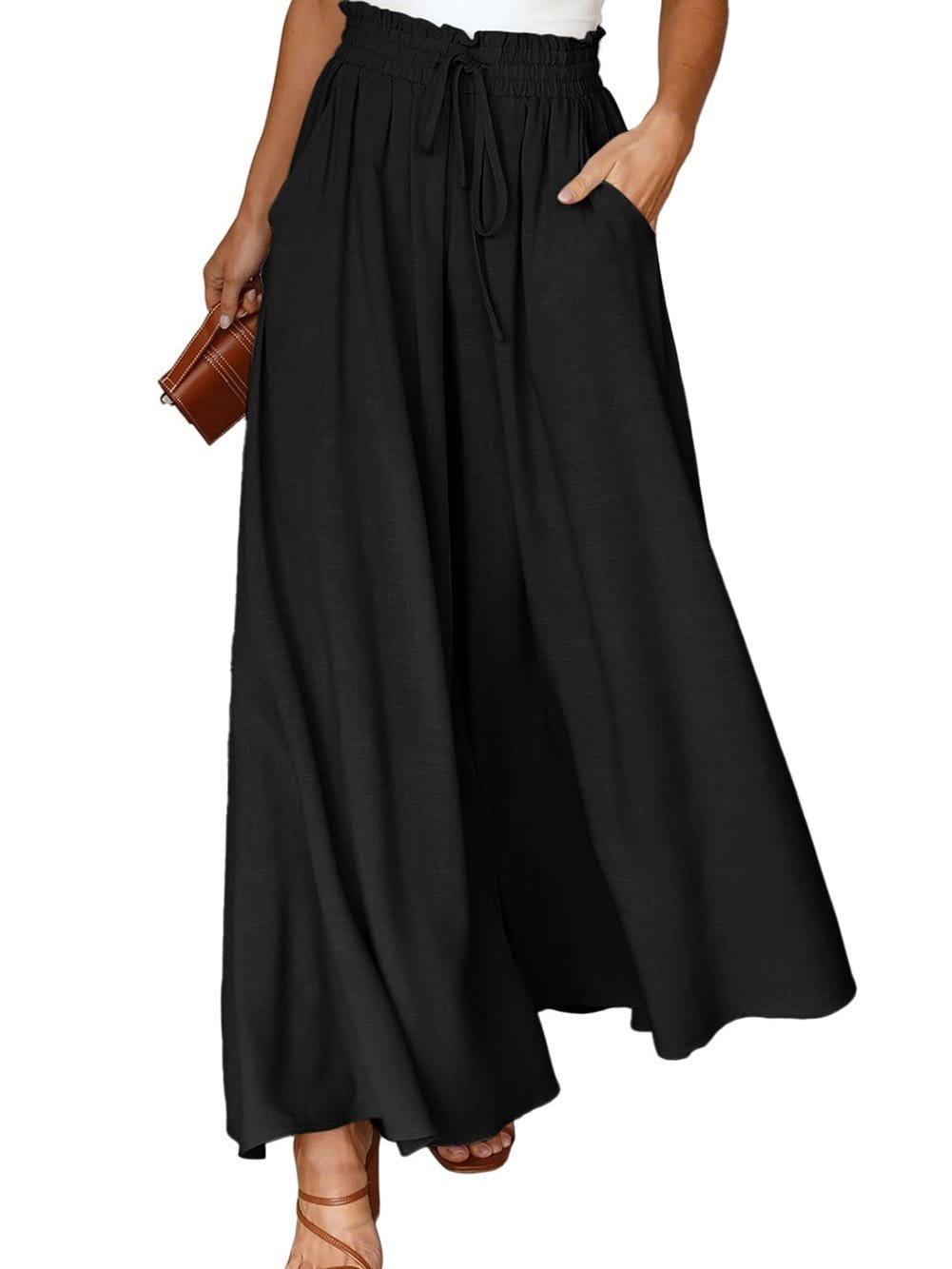 Elegant Black High Waist Wide Leg Pants with Drawstring Detail