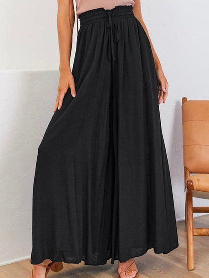Elegant Black High Waist Wide Leg Pants with Drawstring Detail